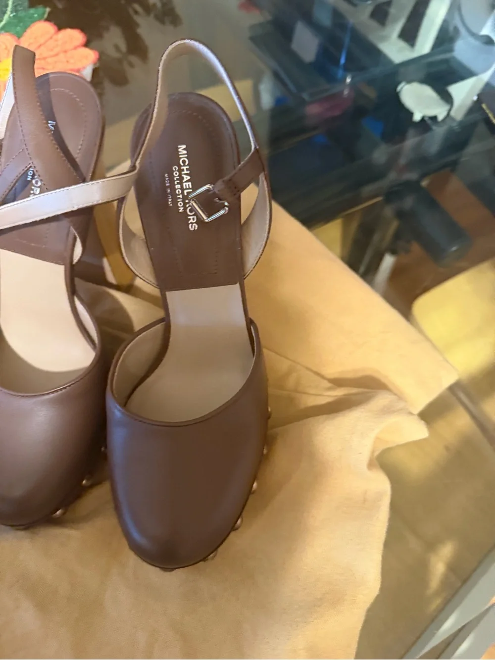 Michael Kors Brown Leather Crisscross Strap Block Heel Pumps
